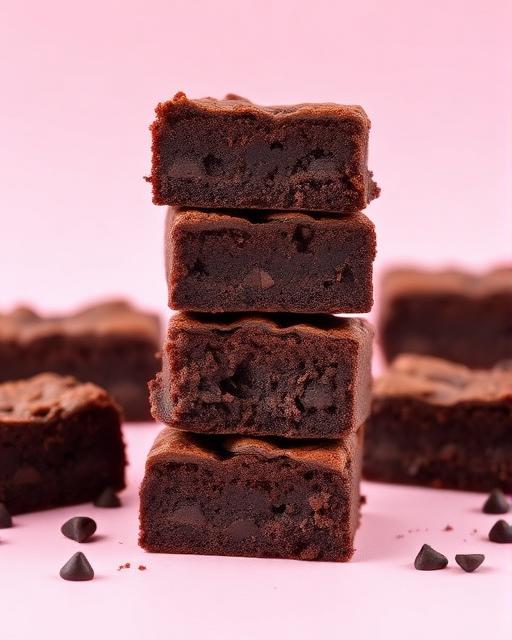 Stack of fudgy chocolate brownies with crackly tops
