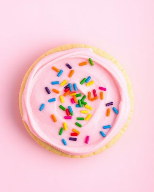 Sugar cookie with swirled pink frosting and rainbow sprinkles