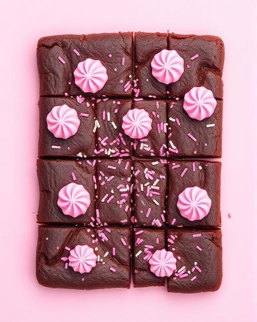 Brownie slab with pink frosting swirls and sprinkles, cut into squares